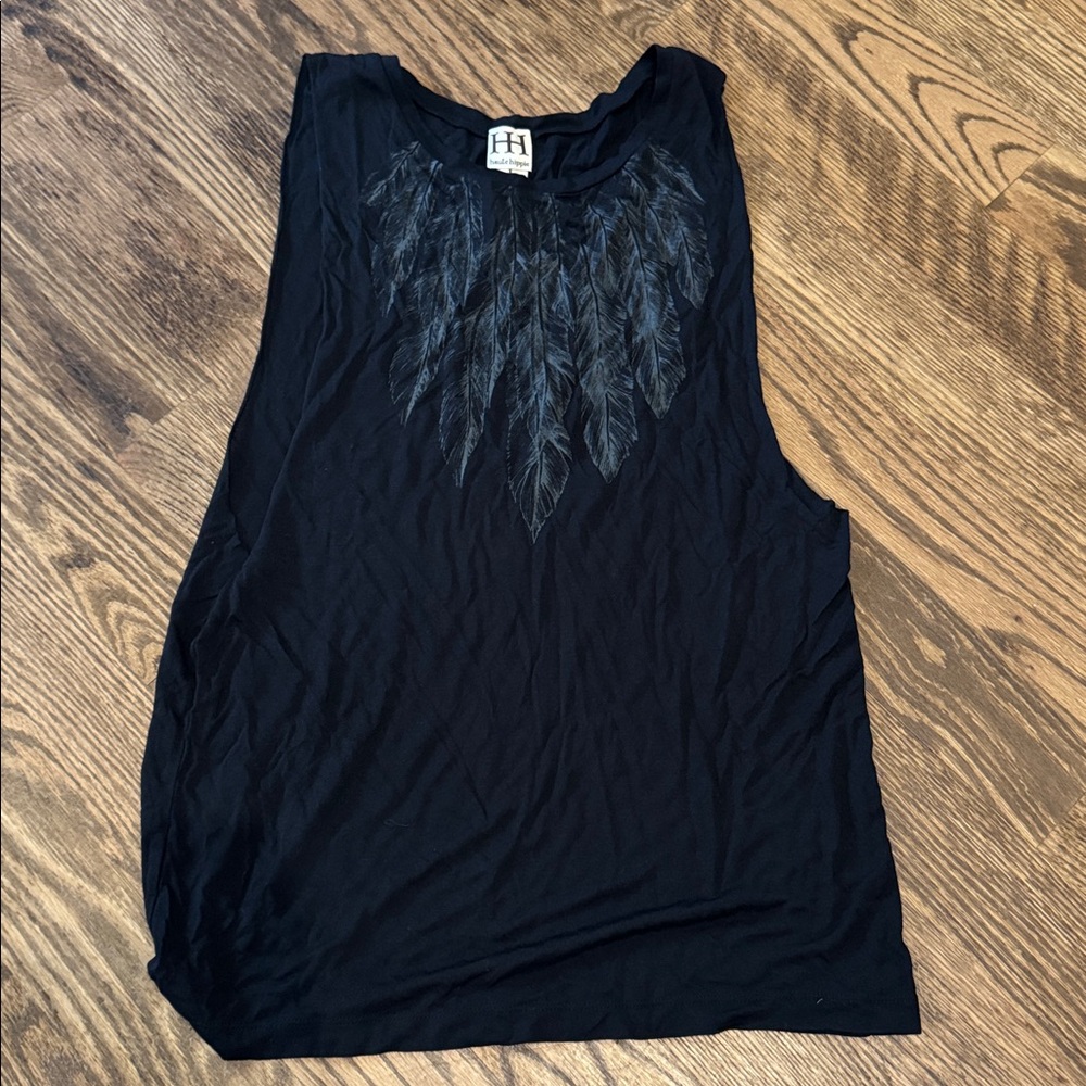 ✅ Haute Hippie Black Tank With Grey Feathers NWT